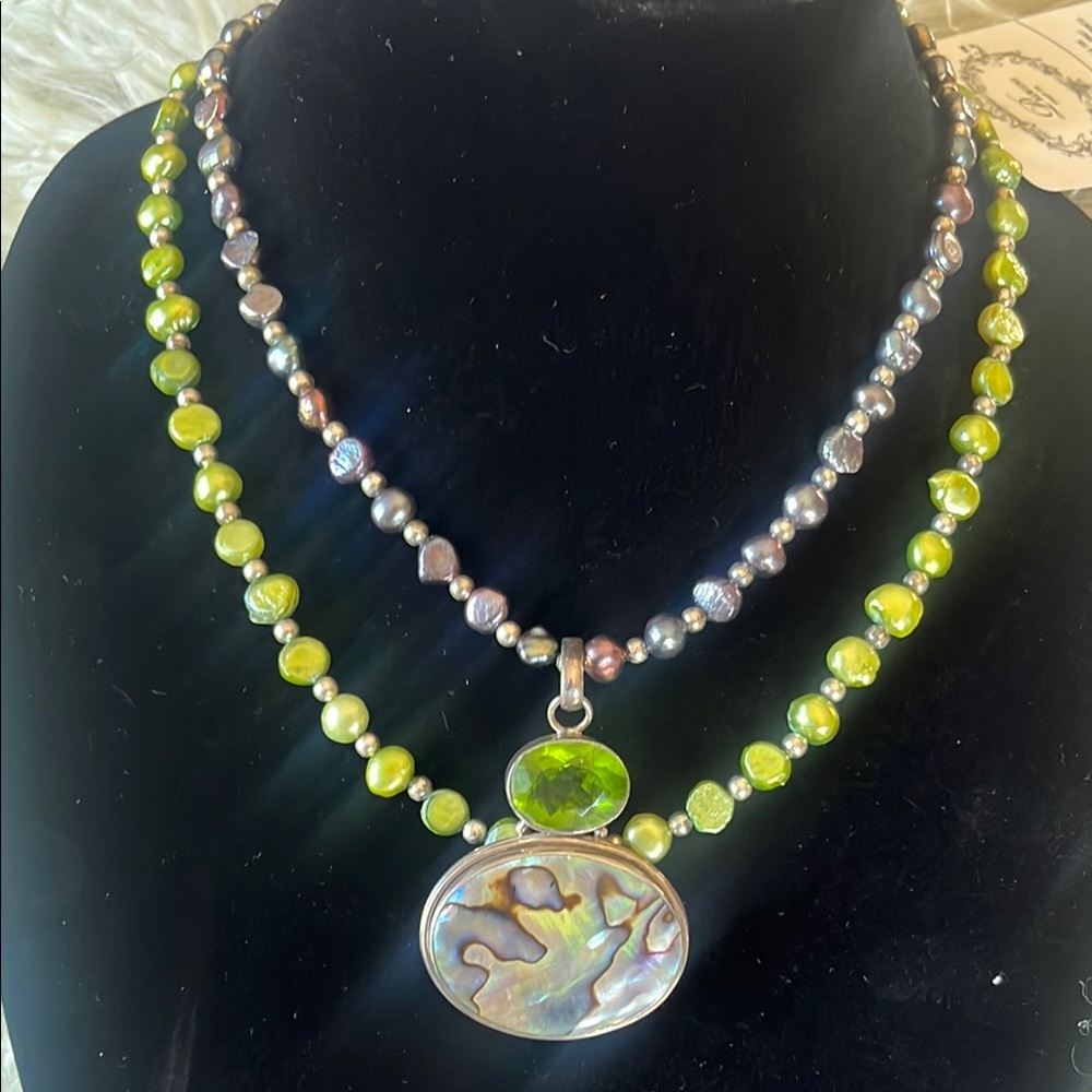 ABALONE, PERIDOT, FRESH WATER PEARL and sterling necklace